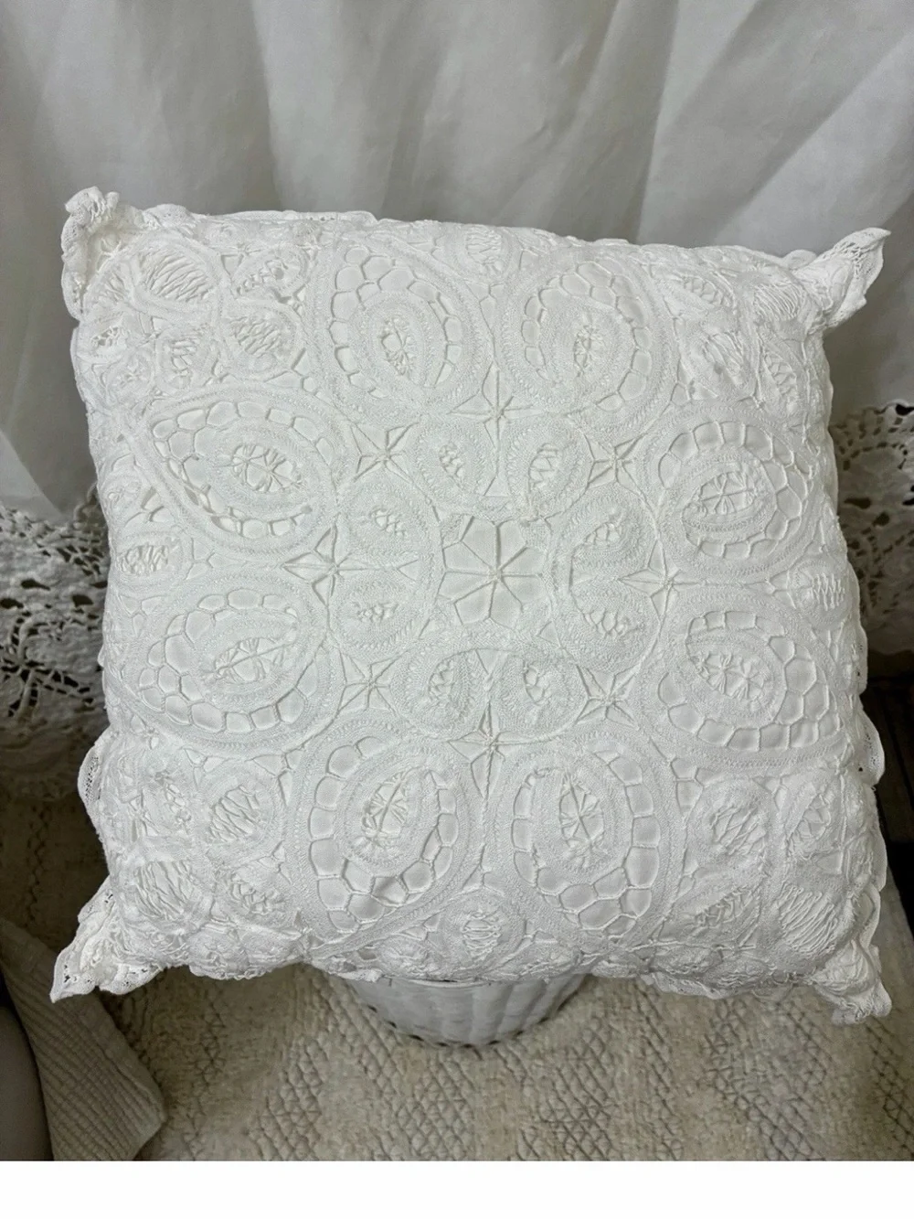 White Textured Embroidered Throw Pillow